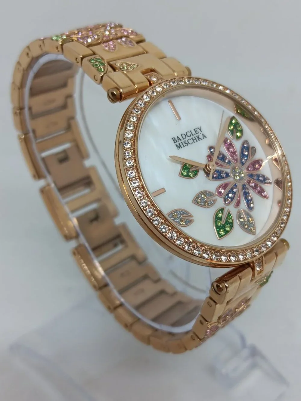 Badgley Mischka BA/1388 Women's Crystal Accent Flower Dial Rose Gold Tone Watch